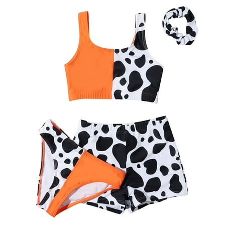 

Kids Child Girls Swimsuits 4PCS Beachwears Bathing Suit Cow Printed Lovely Bikini Tops Underpants Shorts Pant Hair Band Baby Swimwear Set