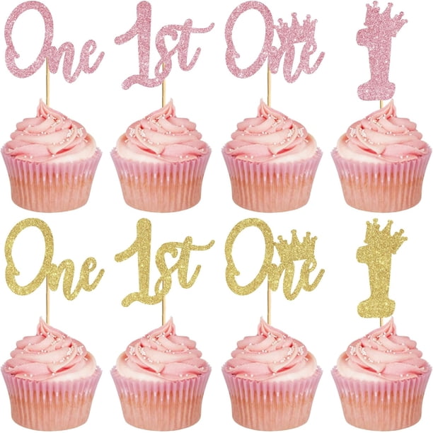 24 adornos para cupcakes de primer cumpleaños con purpurina, palillos para cupcakes de primer cumpleaños para baby shower, pastel de fiesta de primer cumpleaños dorado