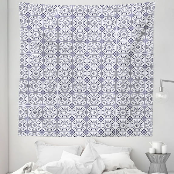 Delft Tapestry, Monochrome Symmetric Tiles Pattern Floral Simplistic Continuous Mosaic Style, Fabric Wall Hanging Decor for Bedroom Living Room Dorm, 5 Sizes, Indigo and White, by Ambesonne