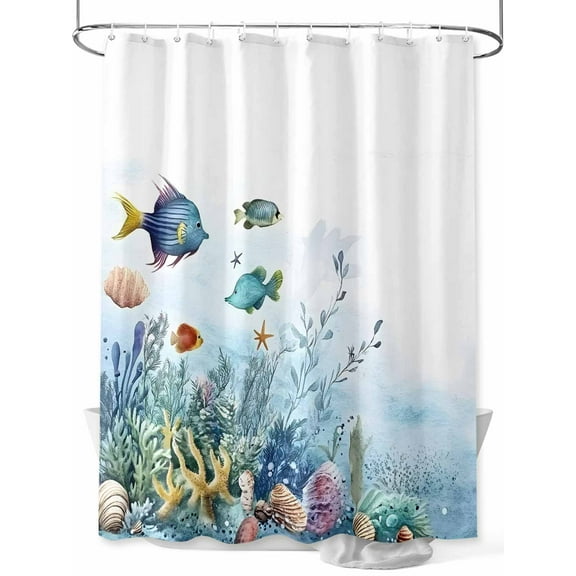 Fsddascl Ocean Coastal Shower Curtain Set - 36" x 78" Washable Bathtub Curtain with 12 Hooks, Coral Fish Watercolor Shell Starfish Waterproof Fabric Stall Shower Curtains for Bathroom/Bathtub Décor
