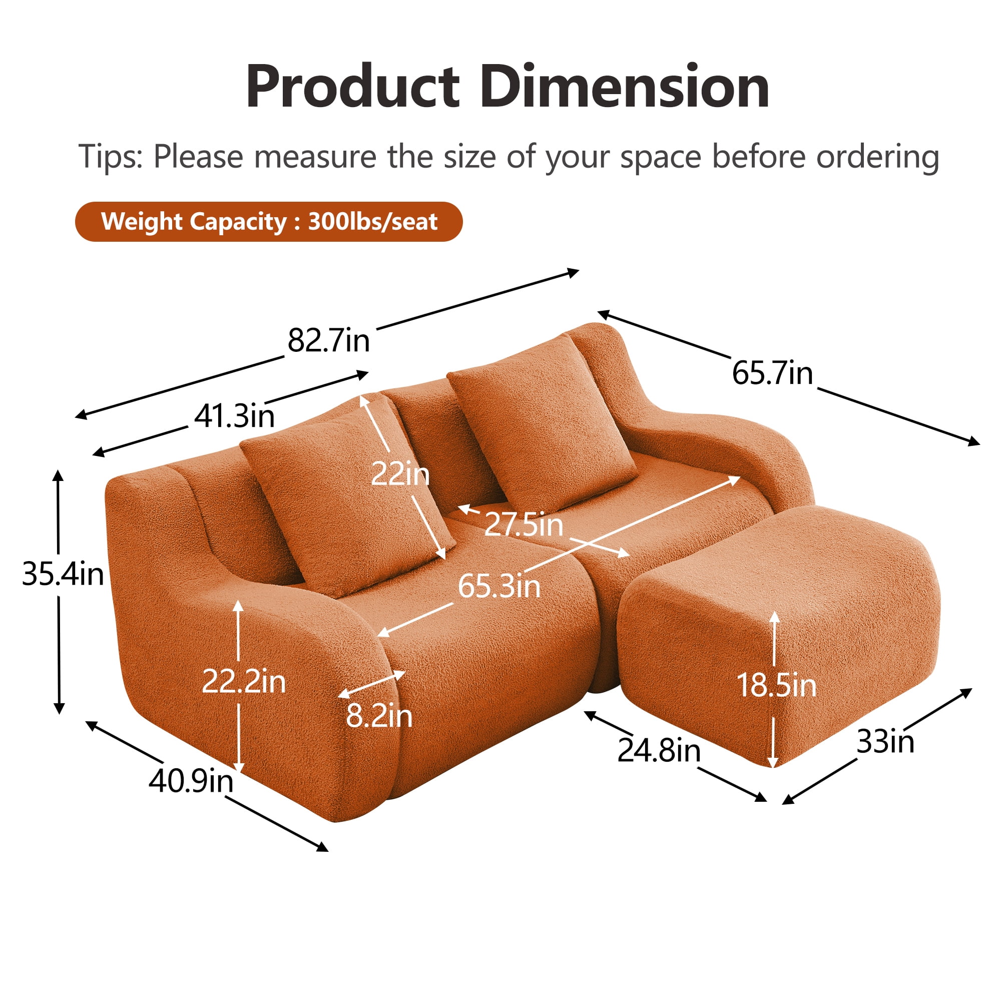 Alvantor Loveseat Sofa with Reversible Ottoman 83" W Teddy Boneless Couch Modern Deep Seat Cloud Loveseat for Living Room Orange