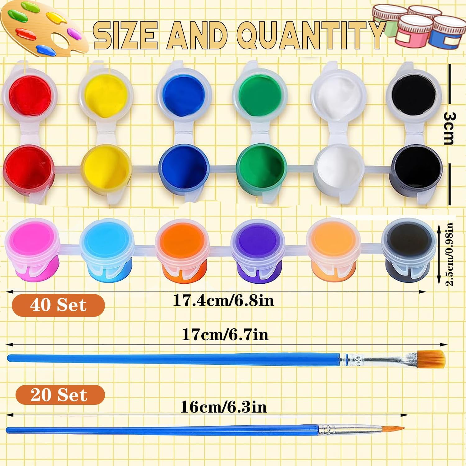 280 Pcs Washable Acrylic Paint for Kids Arts and Crafts, 20 Gouache Watercolor Paint Sets of 12 Colors for Party Classroom Painting Supplies, 20 Flat and 20 Pointed Brushes