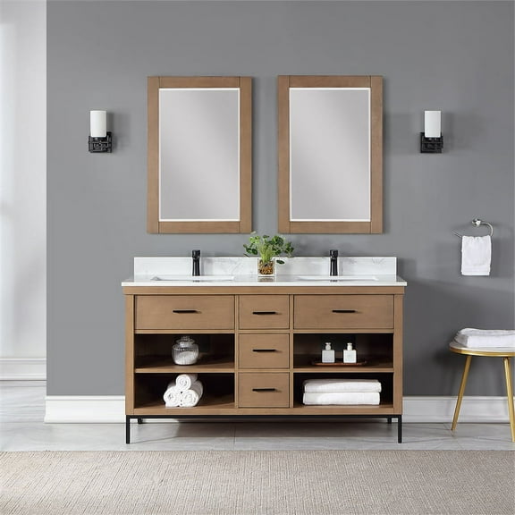 Kesia 60" Double Bathroom Vanity Set in Brown Pine with Aosta White Composite Stone Countertop with Mirror