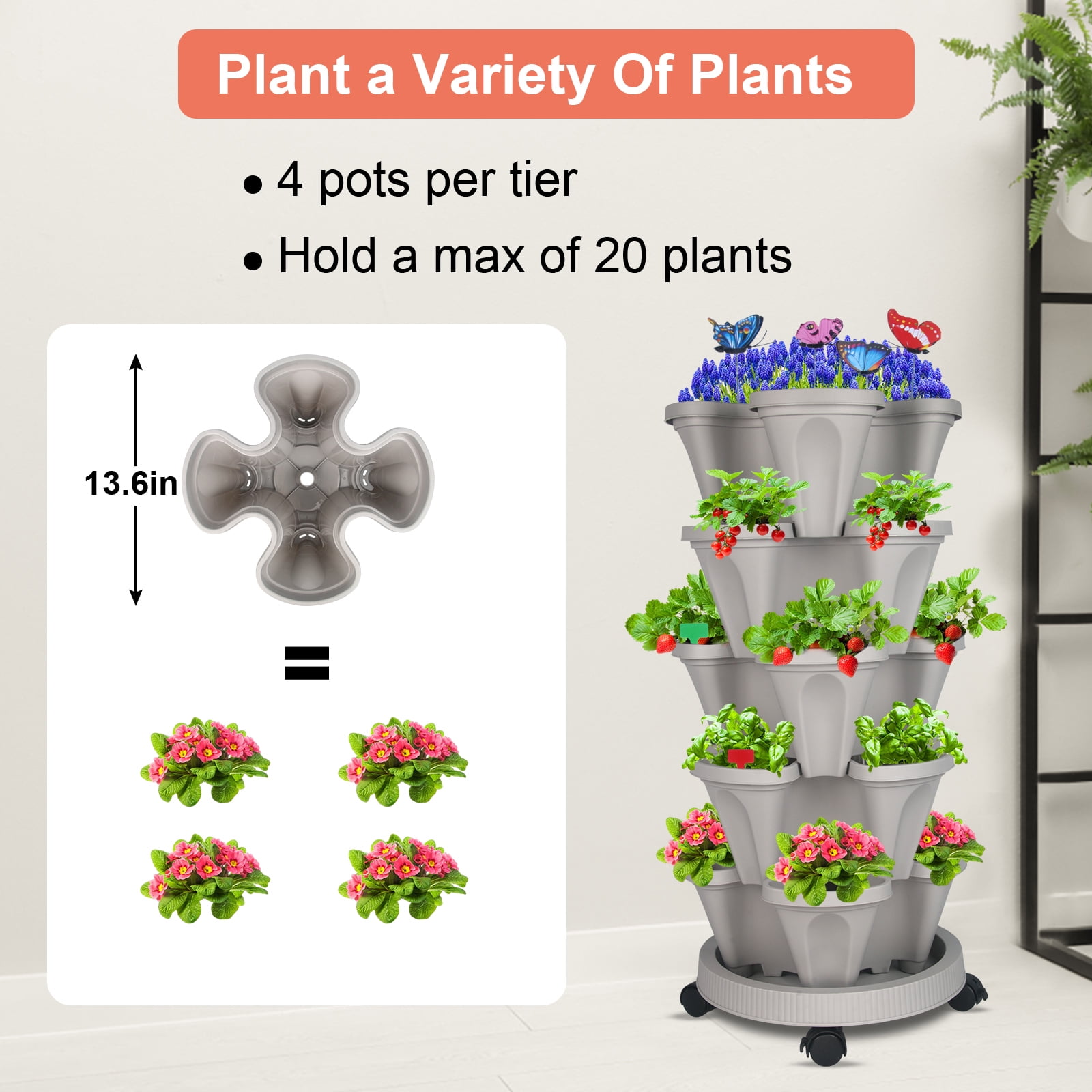 Strawberry Planter, 5 Tier Stackable Gaden Tower for Flowers, Vegetables, Grow Your Own Herb Garden Vertical Oasis of Vegetables and Succulents,Gray
