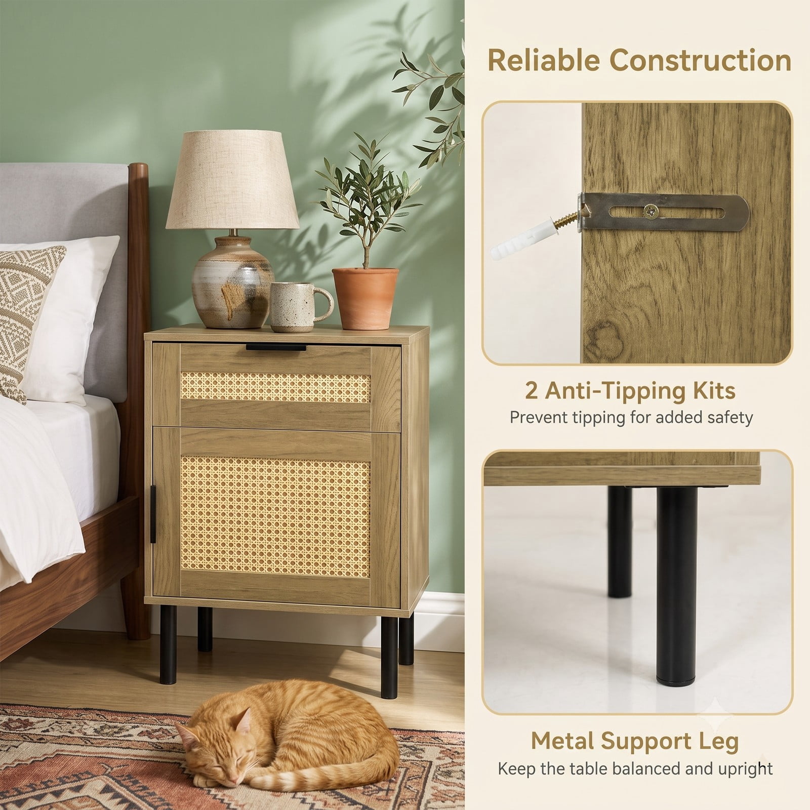 Furnibear Set of 2 Rattan Nightstands with Drawer and Storage Cabinet plus Metal Legs for Bedroom Dorm and Guest Room, Natural
