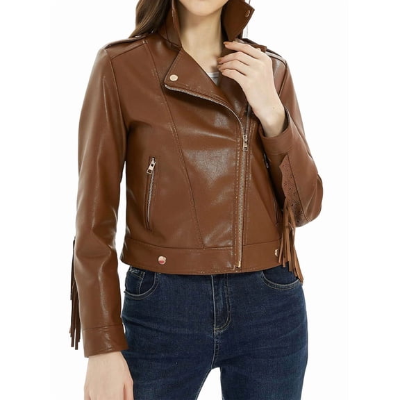 Jacket Faux Leather Women Tassel Leather Motorcycle Jacket Women Fall Streetwear Brown L
