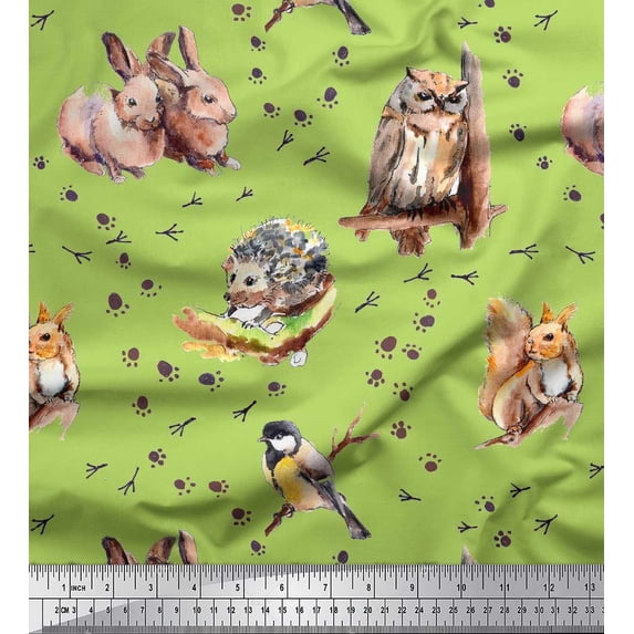 Soimoi Cotton Poplin Fabric Footprint,Owl & Rabbit Animal Print Fabric by the Yard 56 Inch Wide