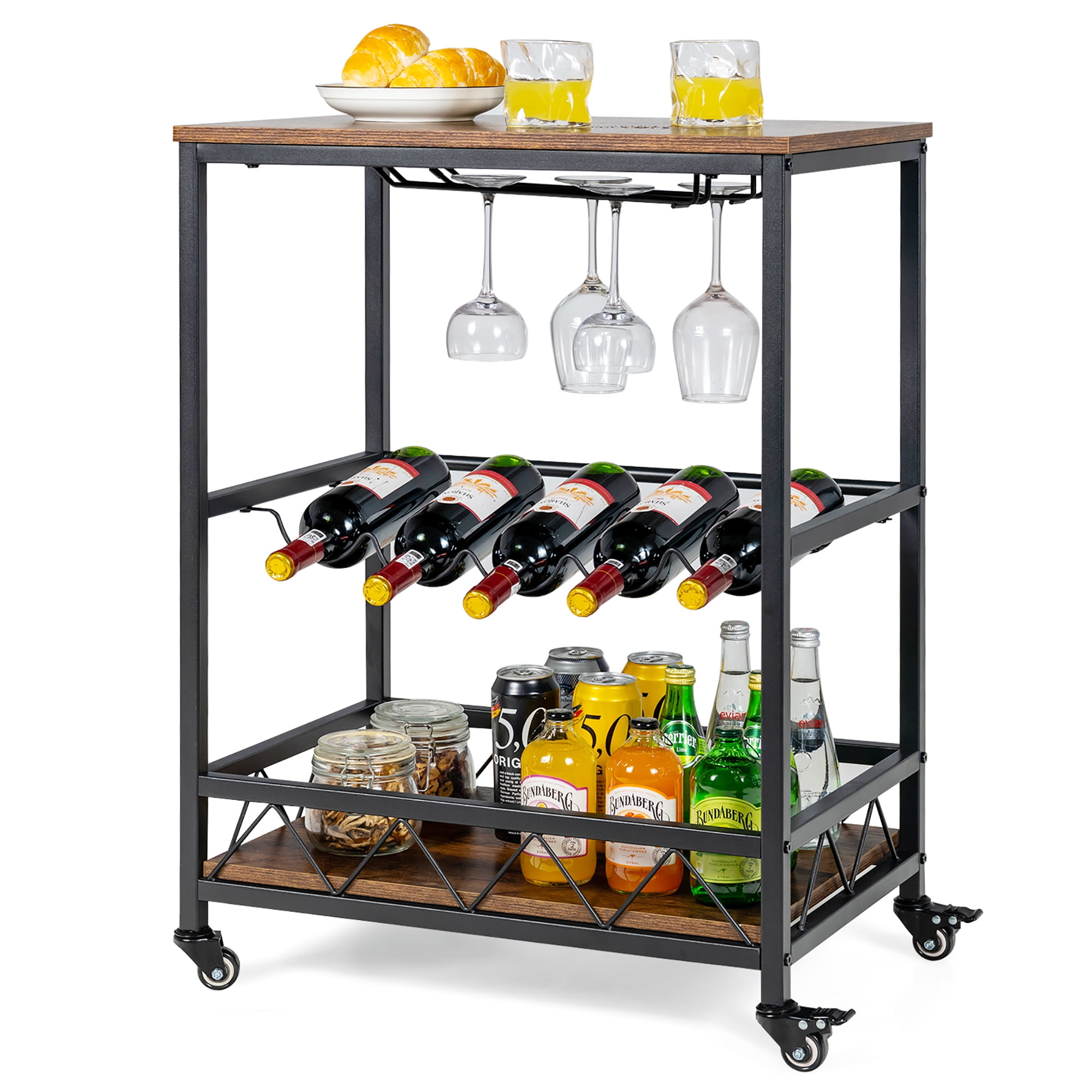 Modern Bar Serving Cart 15 Bottle Wine Rack Glass Cup Shelf Trolley Handle New 
