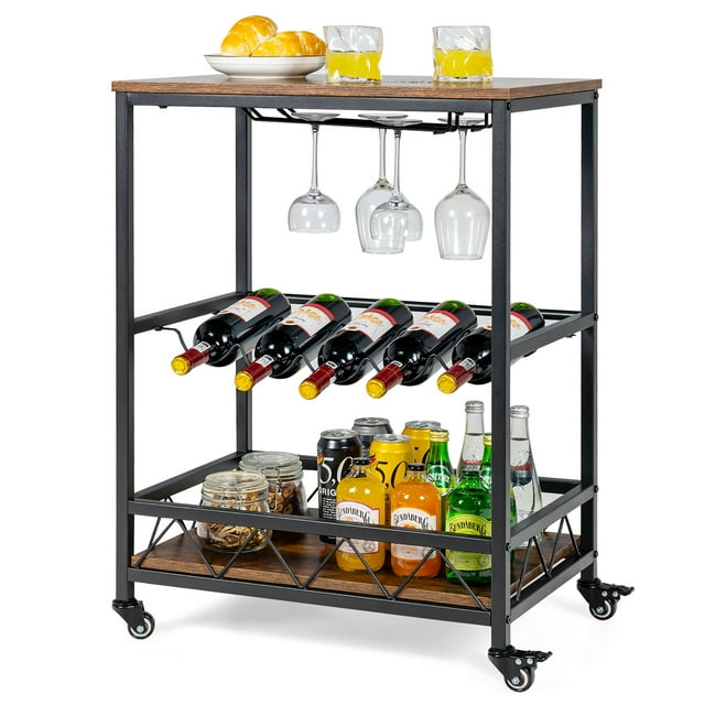 Costway Kitchen Bar Cart Serving Trolley on Wheels w/ Wine Rack Glass Holder