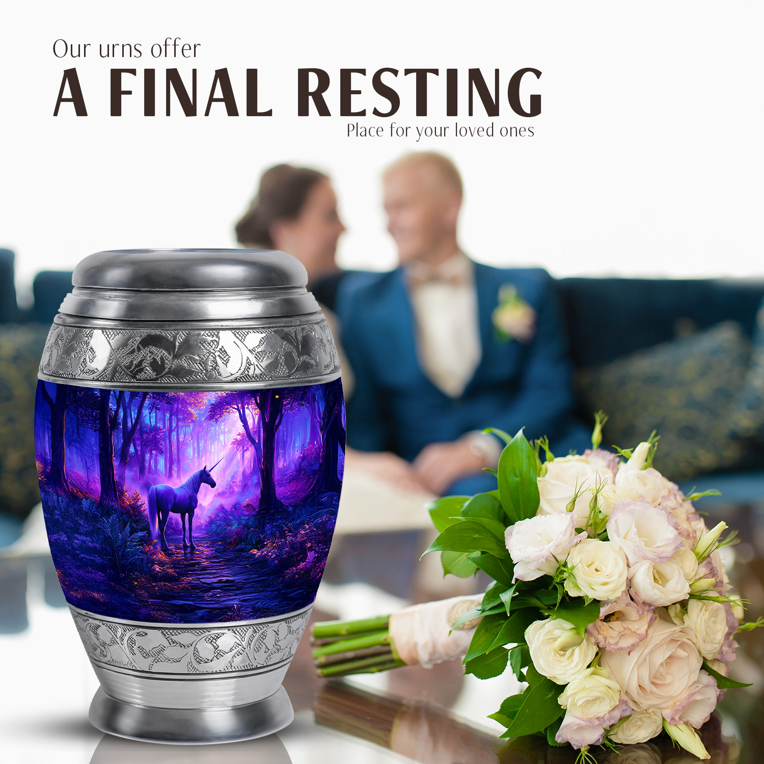 JAGASY Unicorn Handcrafted Large Urn for Girls, Blue Urns for Human Ashes for Women & Men, Sunset Forest Trees Decorative Urns for Friends, Funeral Memorial Cremation Urn for Boys, (10 Inch)