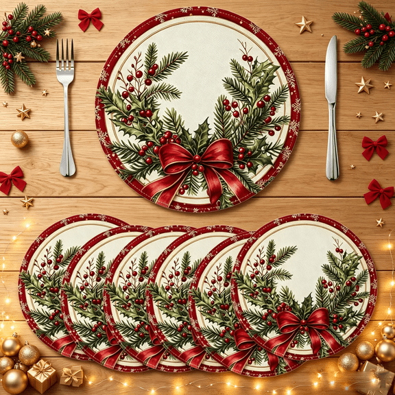 MIZHONA Merry Christmas Round Placemats Set of 6 Winter New Year Table Mat 14 inch for Kitchen Dining Table Decoration