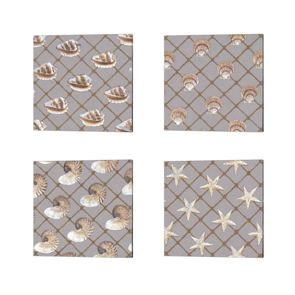 Great Art Now Sound of The Sea, Scallop Shell Net, Nautilus Net & Net Full of Stars by Arnie Fisk 4 Piece Canvas Art Set Each 14W x 14H