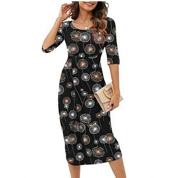 Franhais Women's Dress Leopard/Flower/Solid Color Design 3/4 Sleeves Round Neck Casual Breathable Dress