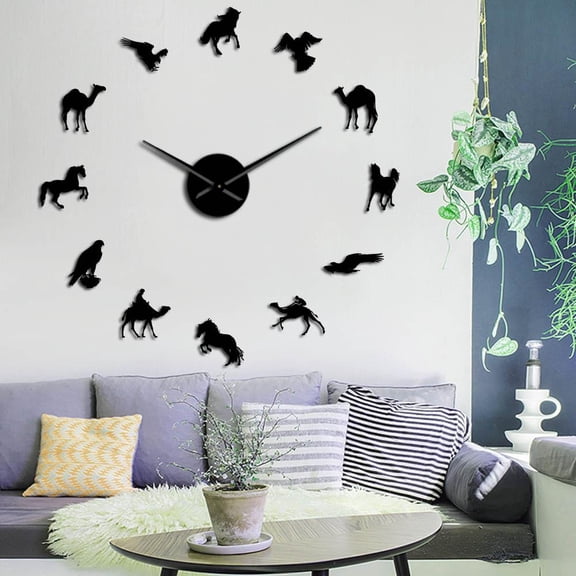 Camel Arabian Horse Peregrine Falcon Mixed Designs DIY Giant Wall Clocks Dessert Animals Wall Art Silent Frameless Wall Watch(Black,27inch)