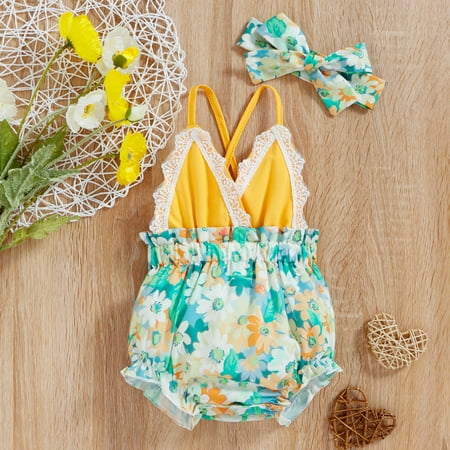 

NIUREDLTD Girls Sleeveless Lace Backless Romper Toddler Floral Printed Suspenders Jumpsuit Headbands Set