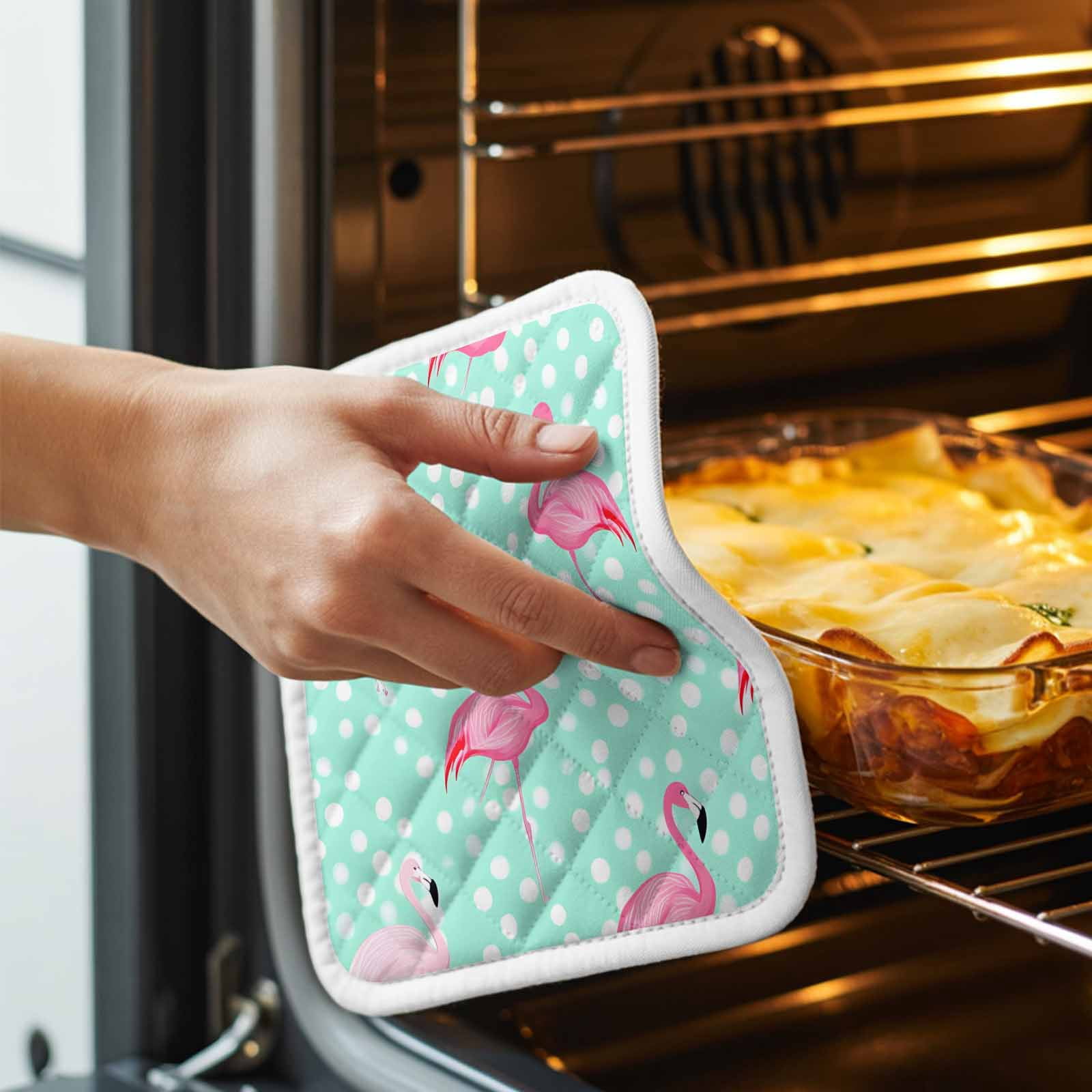 Green Flamingo Pot Holders for Kitchen Heatproof Potholder, 3 Pack Polka Dot Modern Art Hot Pads Multipurpose Oven Pads Cloth Potholders Trivet for Cooking Baking