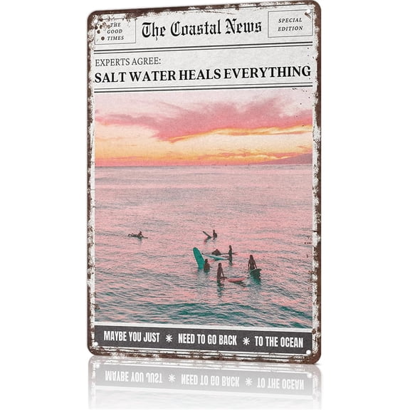 Vintage Coastal Girl Surf Metal Sign Pink Beach Newspaper Tin Signs Teen Girls Room Aesthetics Poster Surfing Decor Preppy Style Pictures For Home Bedroom Dorm Wall 8x12 Inch