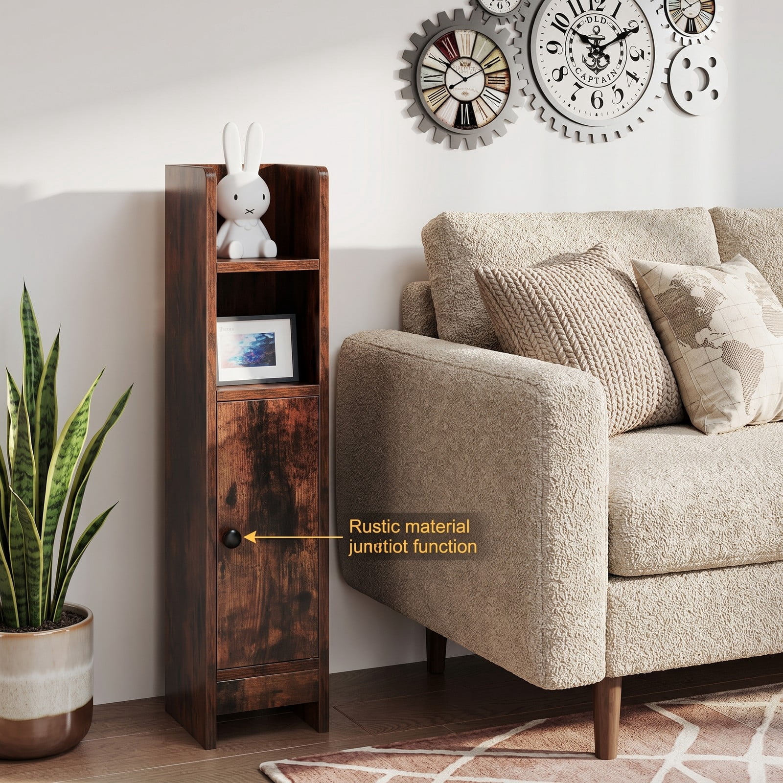 Fenbeli Slim Bathroom Corner Storage Cabinet, Freestanding Floor Cabinet with Door and Adjustable 3-Tier Shelf, Anti-Tipping Space-Saving Organizer for, Rustic Brown
