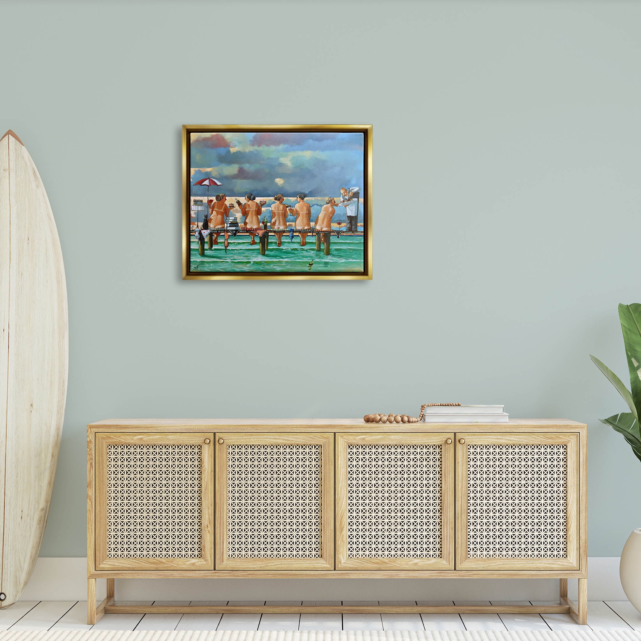 Beach Dock Women Summer Fun Coastal Painting Metallic Gold Framed Art Print Wall Art