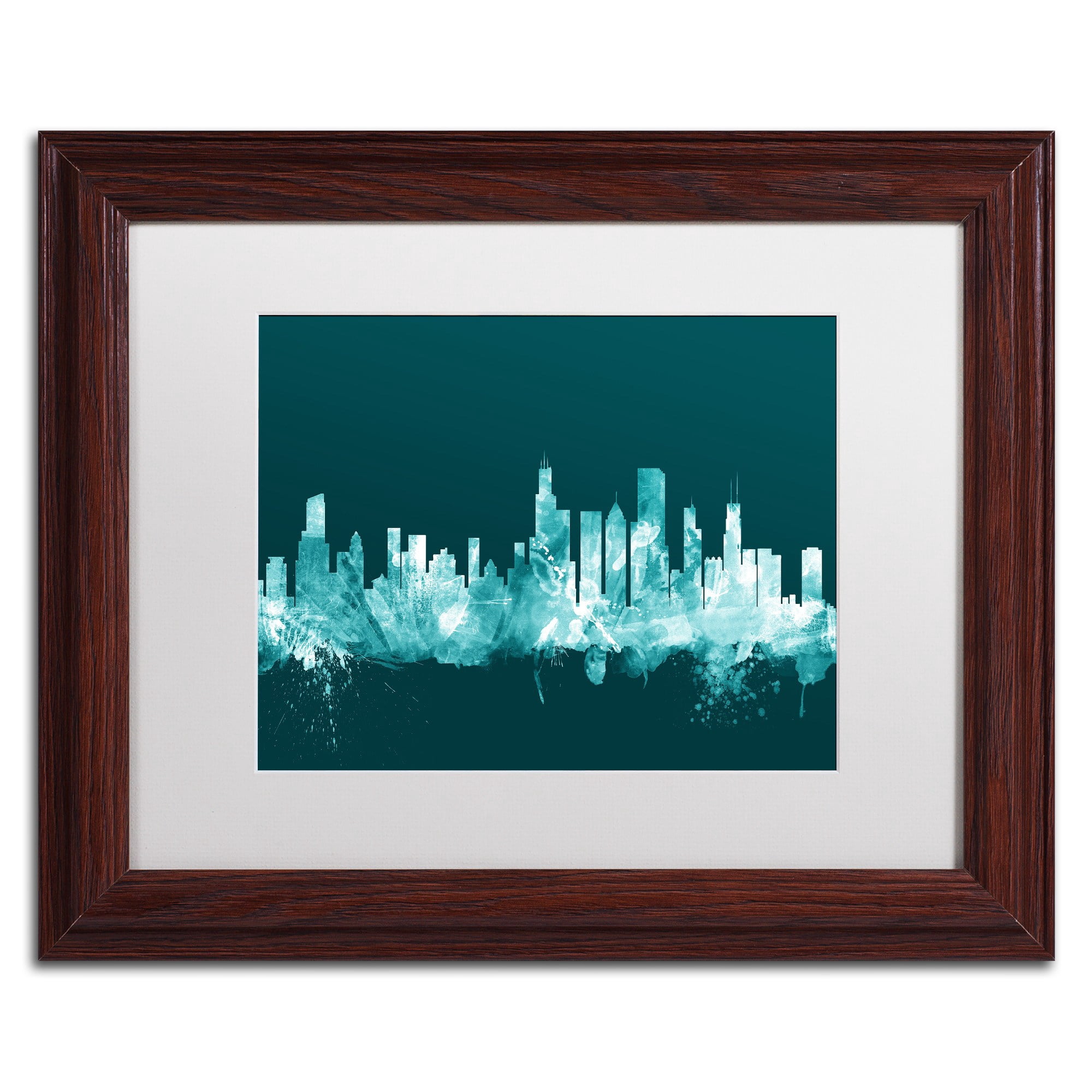 Trademark Fine Art "Chicago Illinois Skyline Teal" Canvas Art by Michael Tompsett, White Matte, Wood Frame