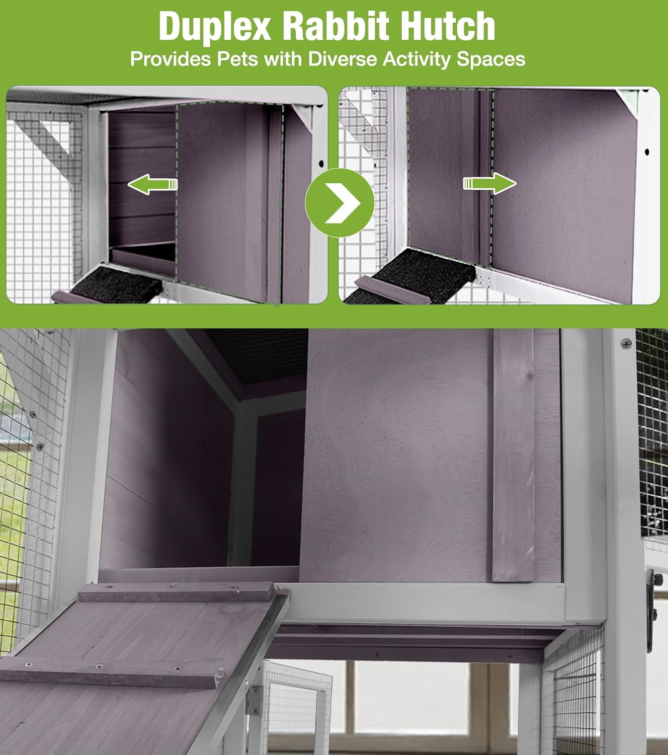 MEDEHOO Duplex Rabbit Hutch Indoor with Chew-Proof Frame & 2 Leak-Proof Sliding Trays, Rain Cover, Wooden Guinea Pig Cages with Wheels - Grey