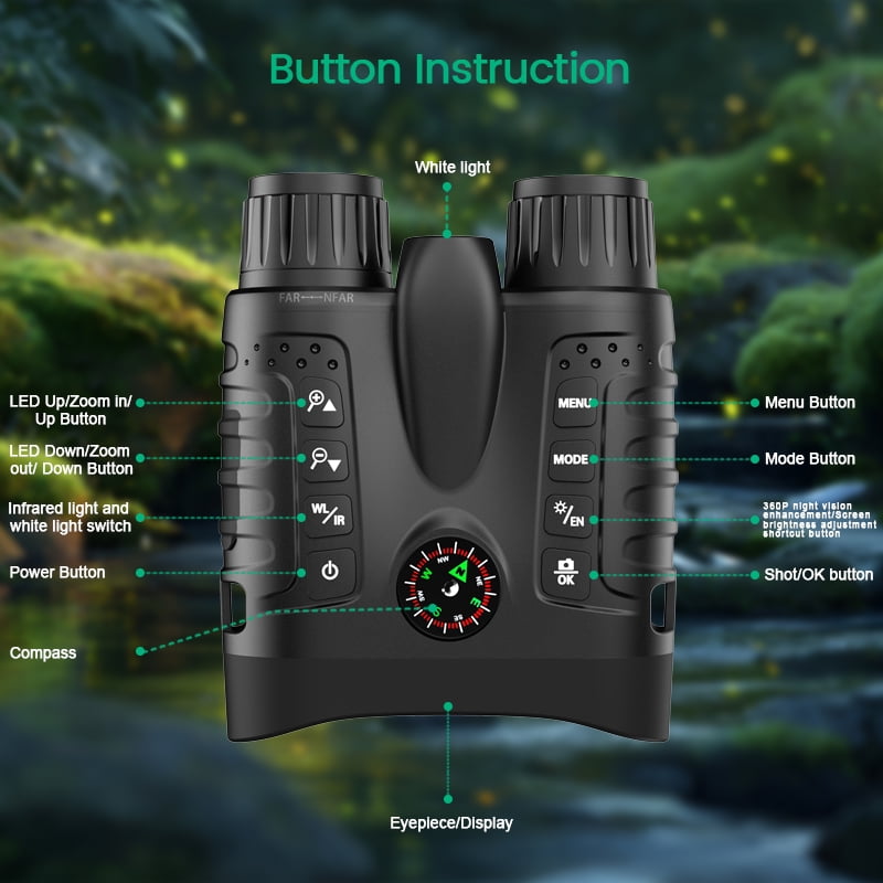 Ruaiok Night Vision Goggles with Compass, 4K Night Vision Binoculars 8X Digital Zoom & 4500mAh Battery, 64GB Card Included, 1300ft Range, Perfect for Outdoor, Camping, Hunting