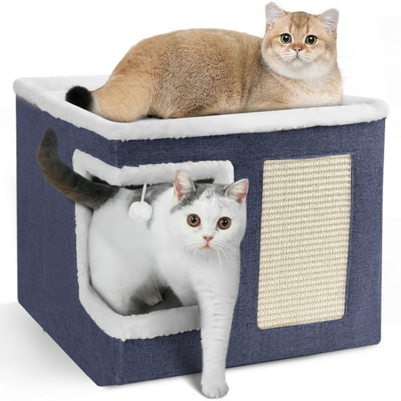 HDJ Indoor Pet Bed for Cats, Covered Foldable Kennel Bed with Scratching Board, Suitable for Many Small Pets, Dark Blue