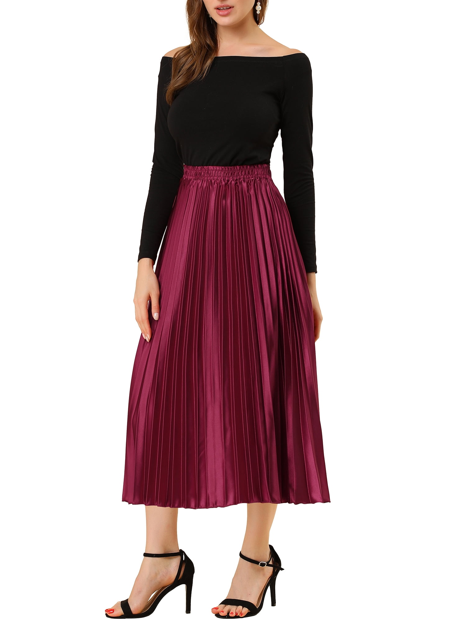 DARING DIVA Women's A-line High Waist Pleated Midi Skirt XS Burgundy