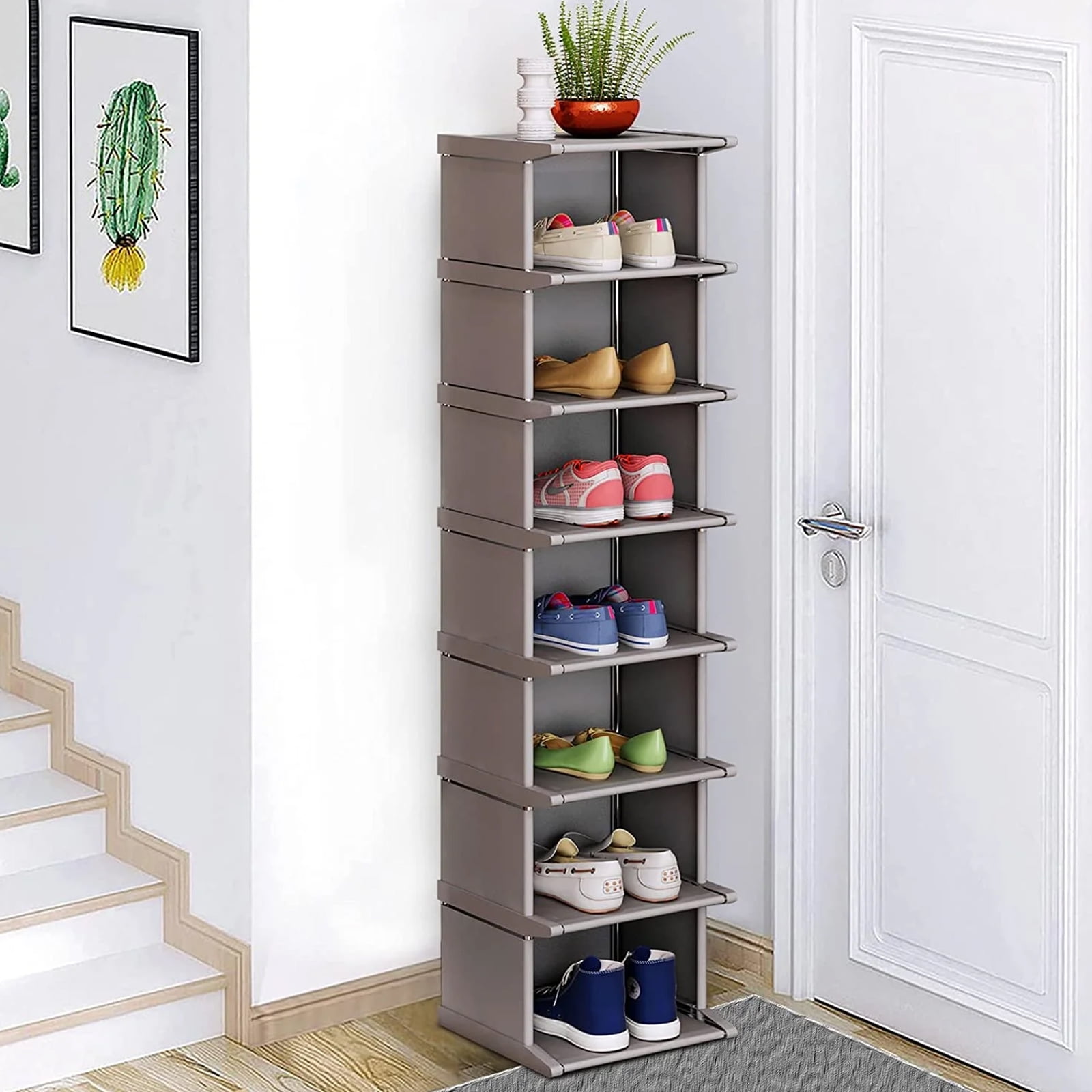 LASIEYO 8 Tiers Shoe Rack, Vertical Narrow Shoe Shelf Storage Organizer Sturdy Space Saving, Tall Narrow Shoe Rack for Entryway Closet Hallway, Grey
