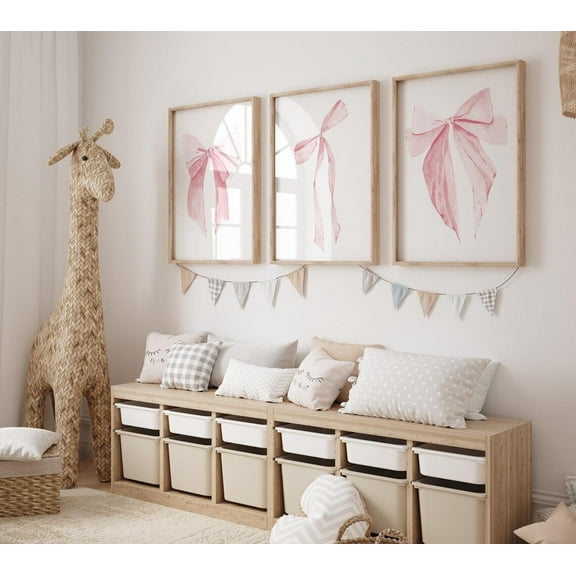 Wall Decor 3 Pieces Pink Bow Canvas Painting Bow Nursery Prints Art Poster Pictures for Nursery Home Decor with Wooden Inner Frame