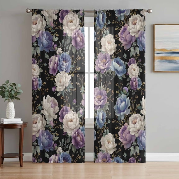 Sheer Curtains 63 Inch Length 2 Panels Set for Bedroom, Country Flowers Semi Sheer Curtains for Windows, Botanical Purple Blue Floral Black Voile Window Treatments Rod Pocket Curtain