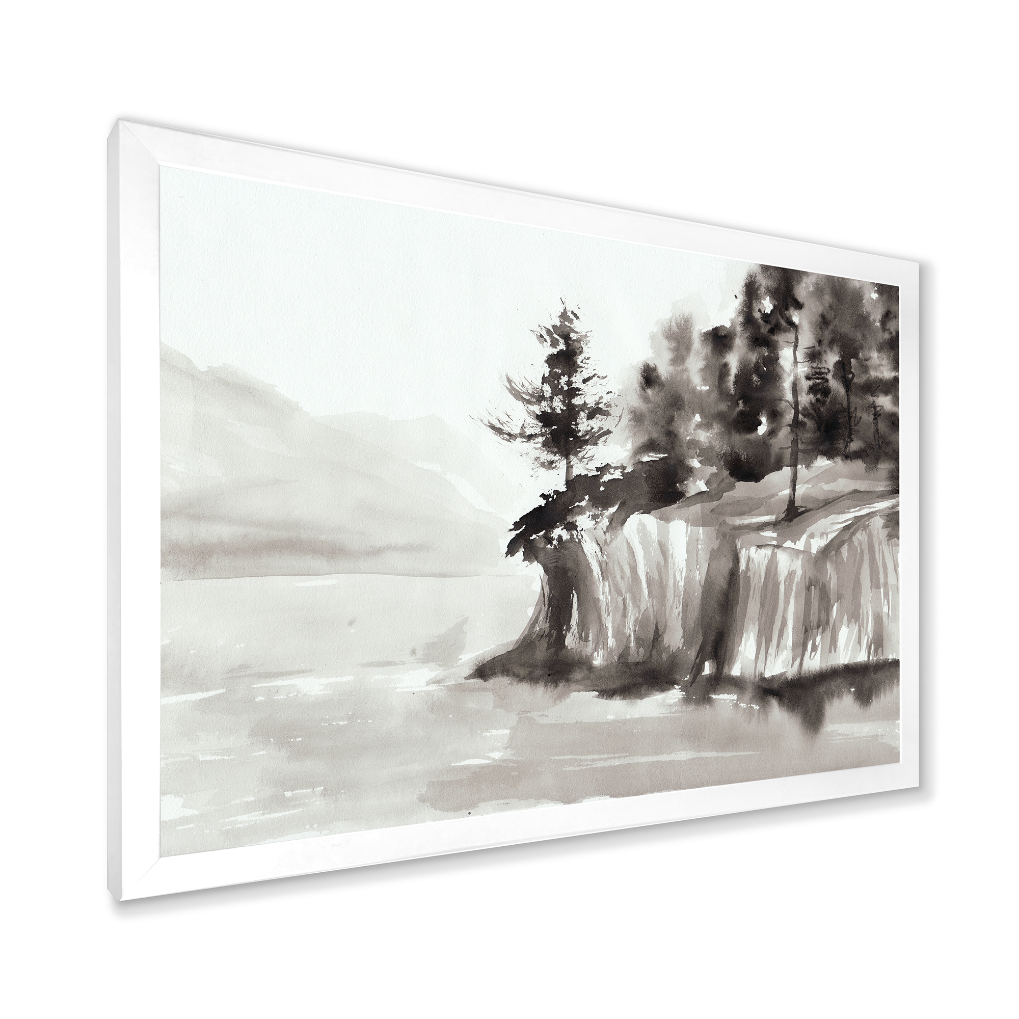 Designart 'Black & White Cliffs By The Lake' Nautical & Coastal Framed Art Print