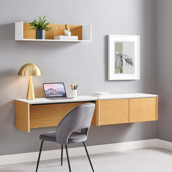 Kinetic 38" Wall-Mount Office Desk With Cabinet and Shelf in White Natural