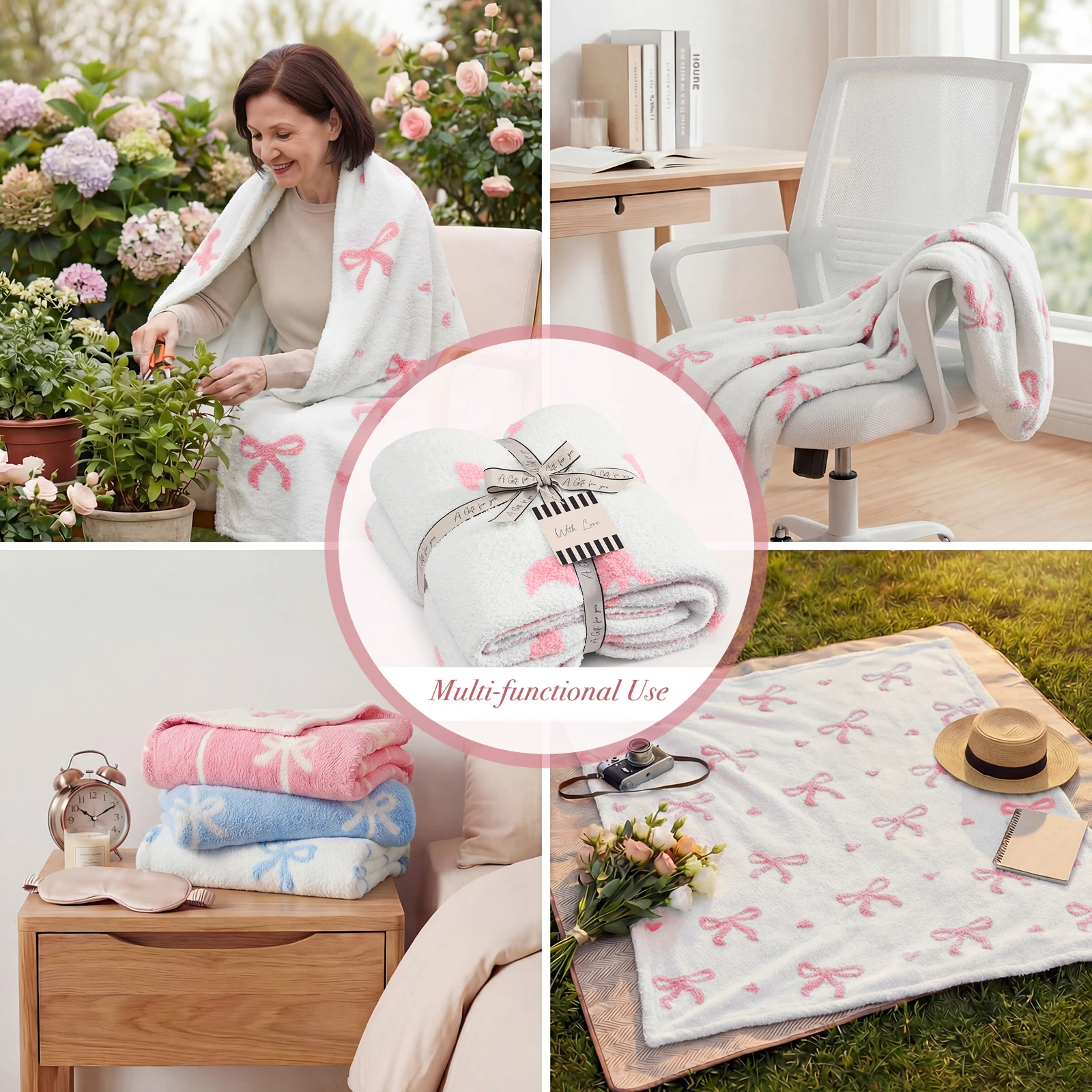 Catami Soft 3D Reversible Throw Blanket,Pink Bow,50*60