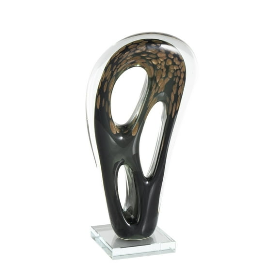 7" x 13" Black Glass Curved Cutout Abstract Sculpture with Gold Spotted Accents, by DecMode
