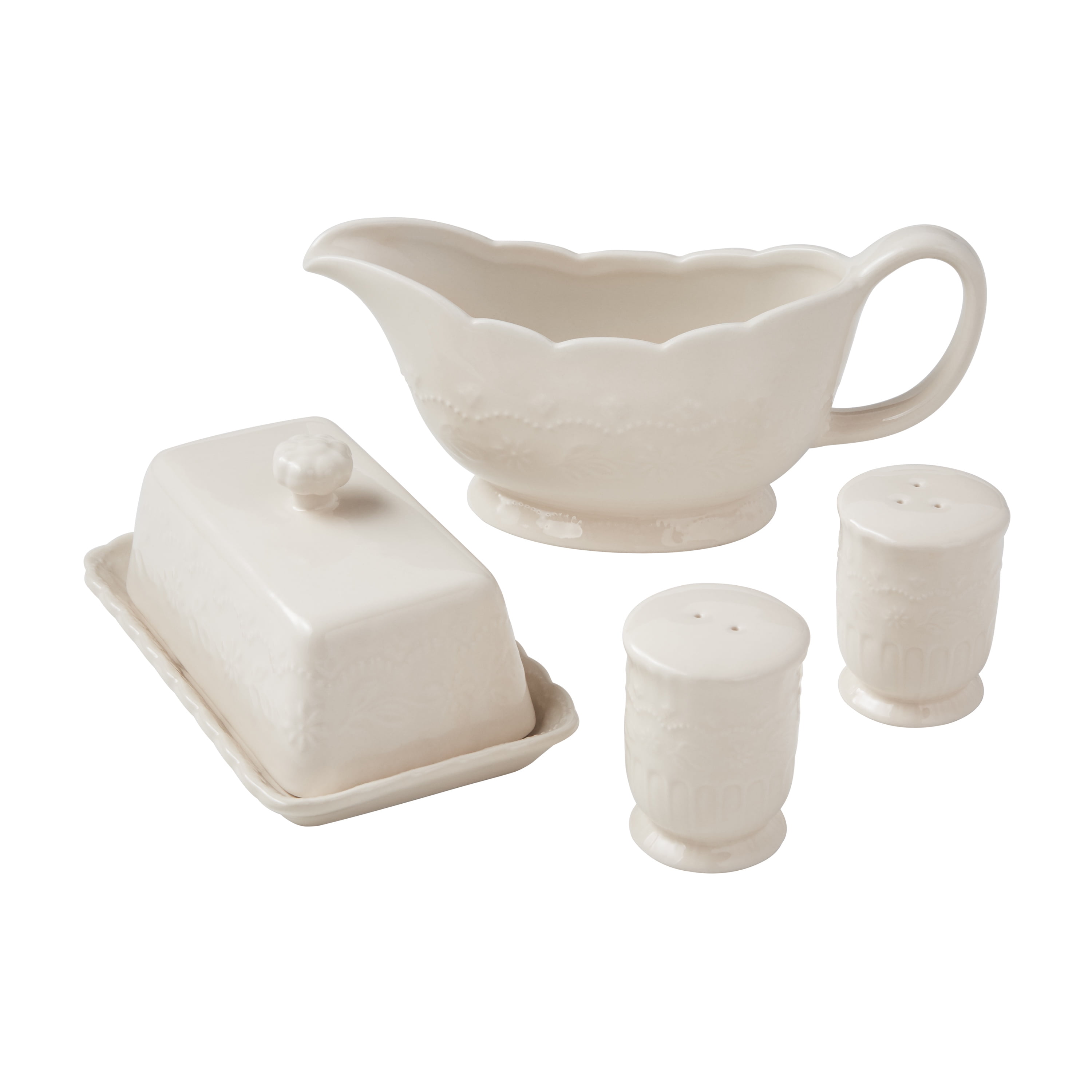 Elegant Farmhouse Butter Dish with Gravy Boat and Salt & Pepper Shakers Set 