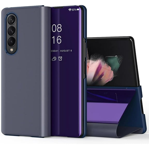 Mirror Case for Samsung Galaxy Z Fold4 5G with Kickstand, Luxury Clear View Smart Display Flip Case Ultra Thin with Wireless Charging Phone Cover for Samsung Galaxy Z Fold 4 QH Purple