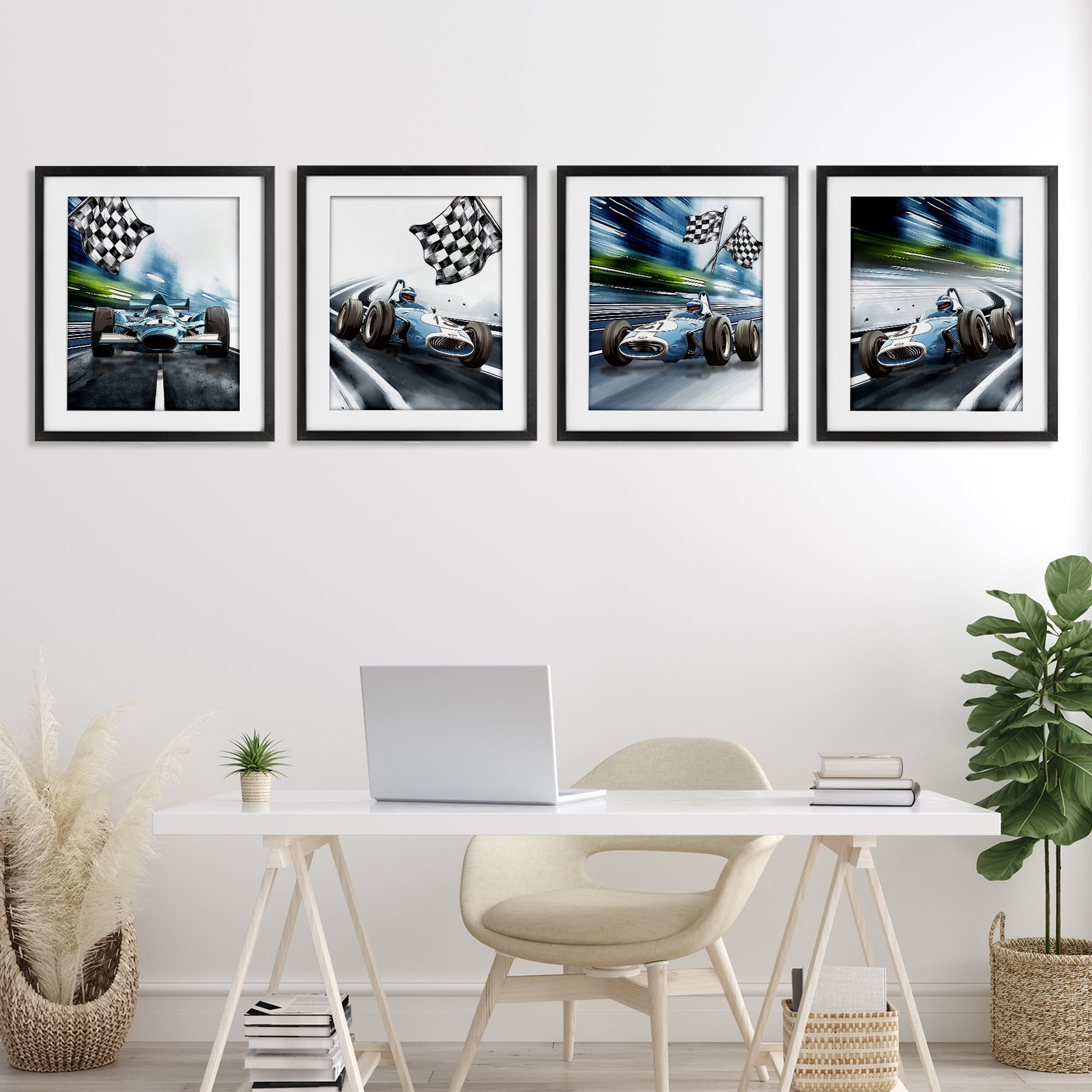 Stupell Industries Ready Set Racecars 4 Piece Black Framed Print Under Glass Set, design by Christine Simpson Art