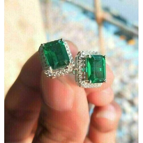 4Ct Emerald Green Emerald Lab-Created Stud Earrings 14K White Gold Plated