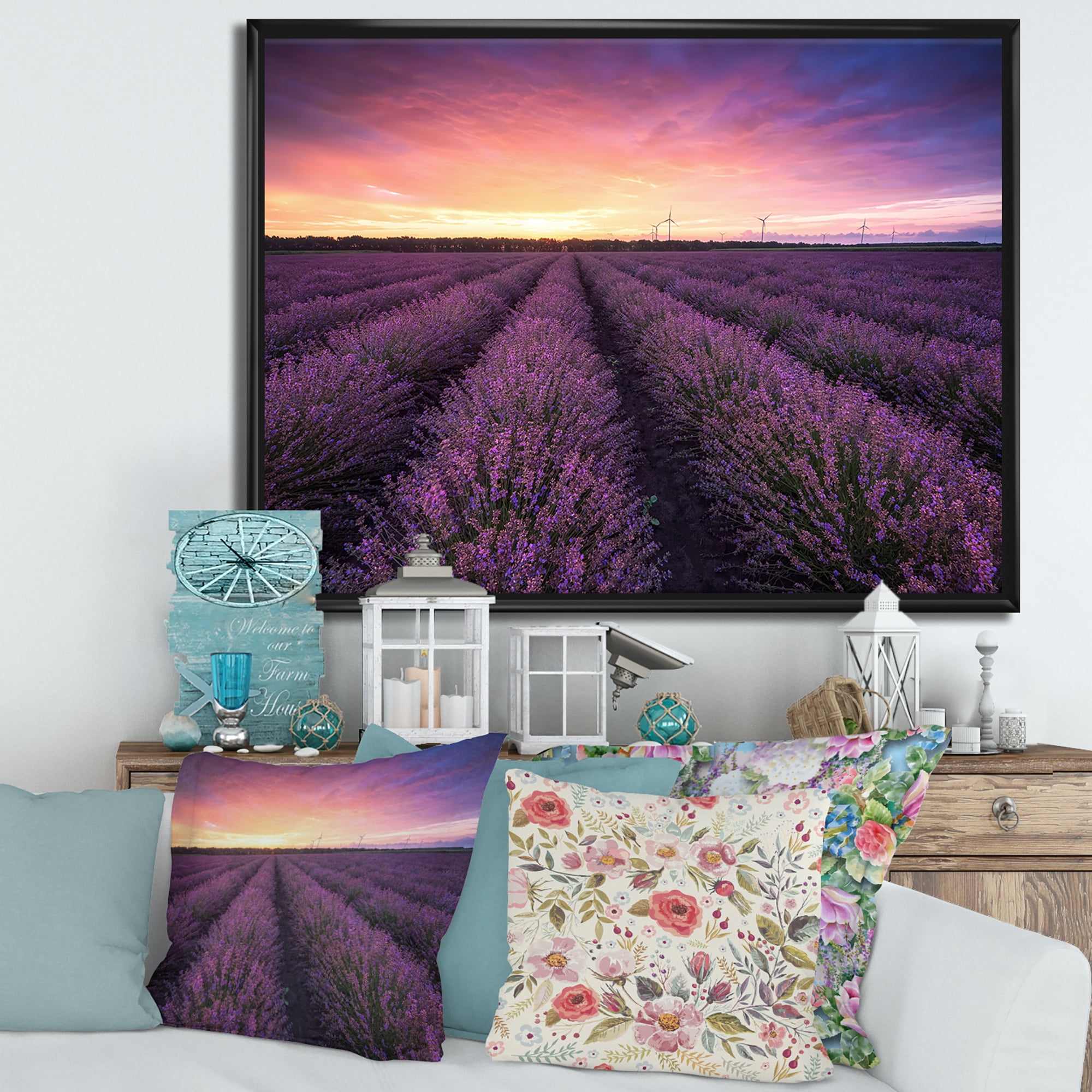 Designart 'Dramatic Clouds and Sunrise Over Lavender Field XIII' Farmhouse Framed Canvas Wall Art Print