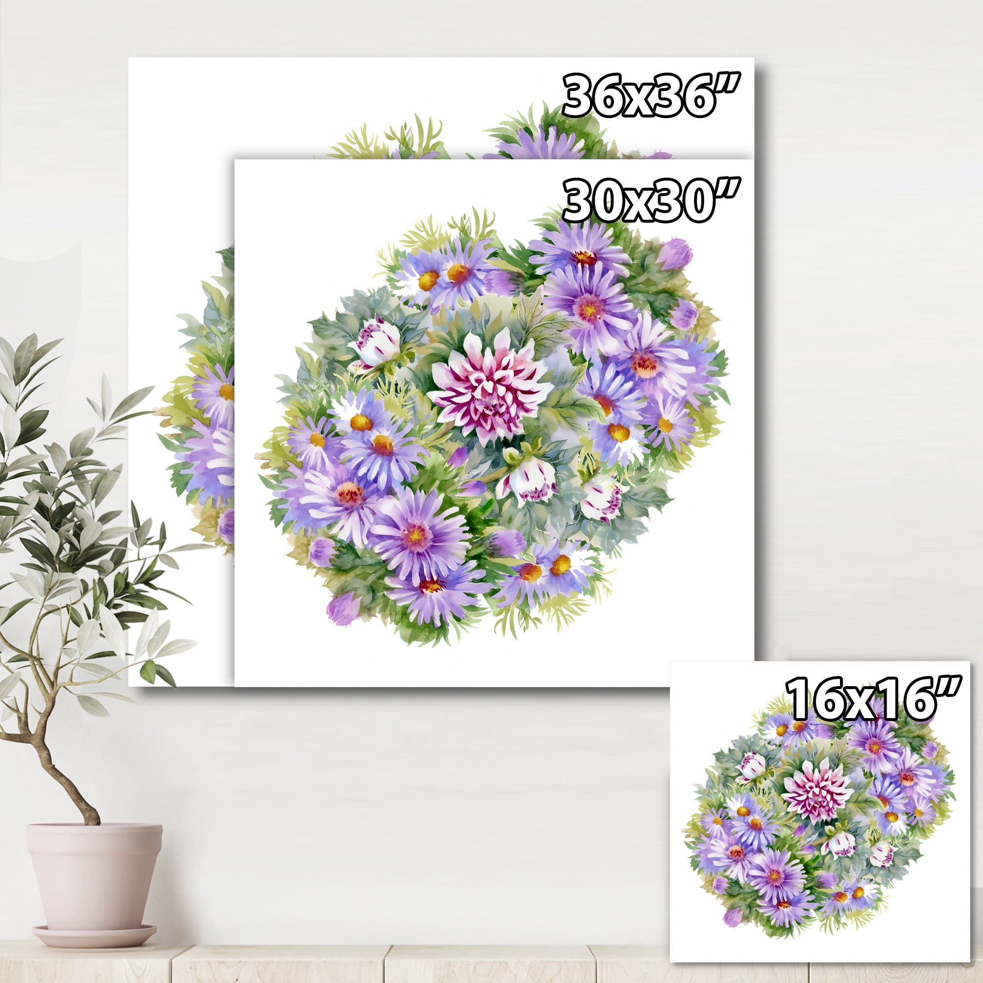 Bouquet With Daisies and Purple Chrysanthemums 30 in x 30 in Painting Canvas Art Print, by Designart