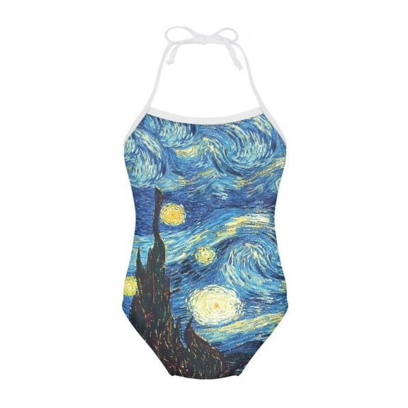 SEANATIVE Aesthetic Girls Swimsuit One Piece Size 1-2 Quick Dry Kids Beach Swimwear Vincent Van Gogh-The Starry Night Lace Up Bathing Suit