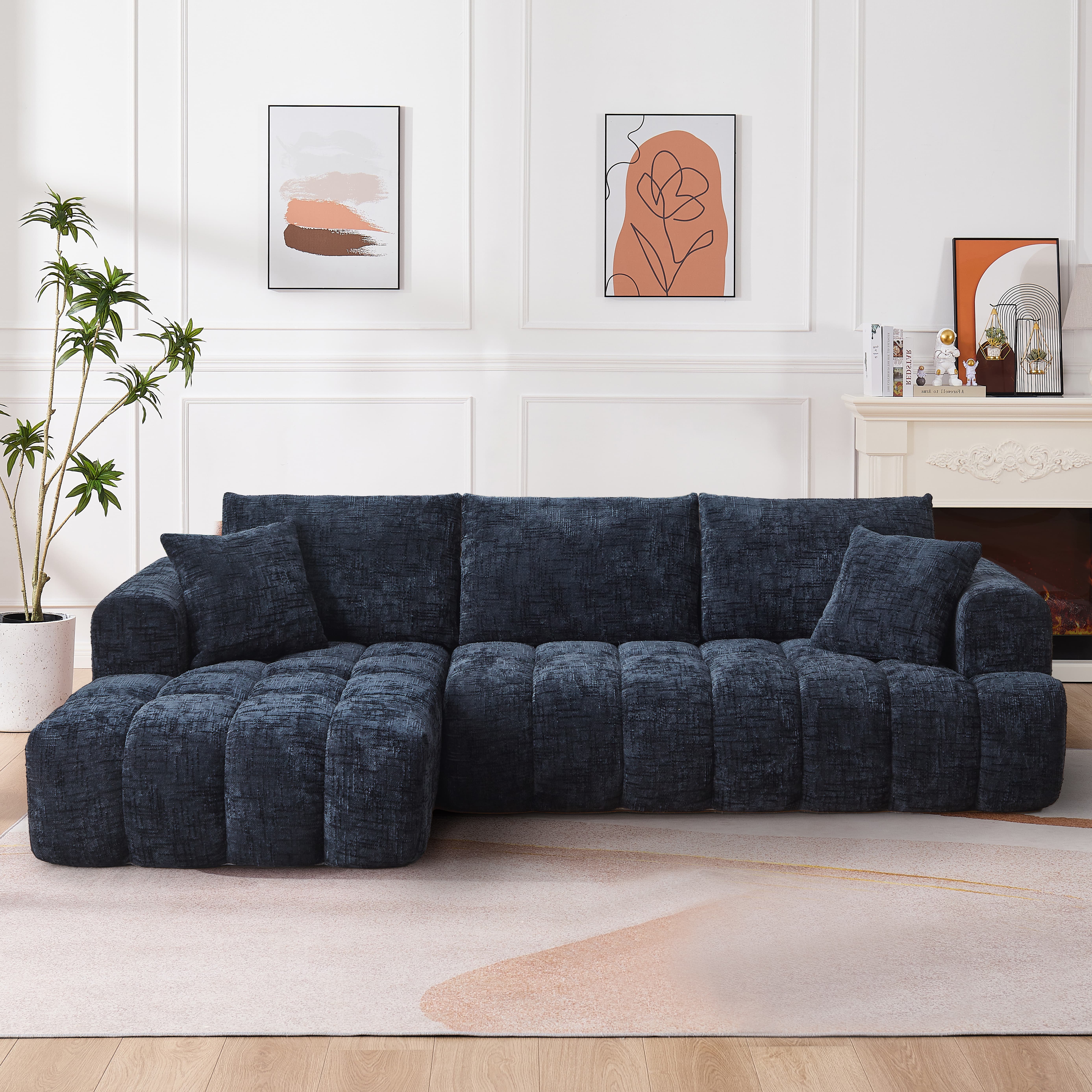 Aukfa 108" L-Shaped Oversized Sectional Sofa, Oversized Cloud Sectional Couch with Chaise & 2 Pillow, No Assembly Sponge Sleeper Couch for Living Room,Dark Blue