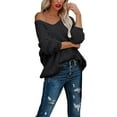 thumbnail image 2 of Comdrip off The Shoulder Tops for Women, Women's off The Shoulder Sweater Loose Lightweight Pullover Top V Neck Hollow Knitted Long Sleeved Solid Color Autumn Oversized Sweaters for Women Black L, 2 of 9