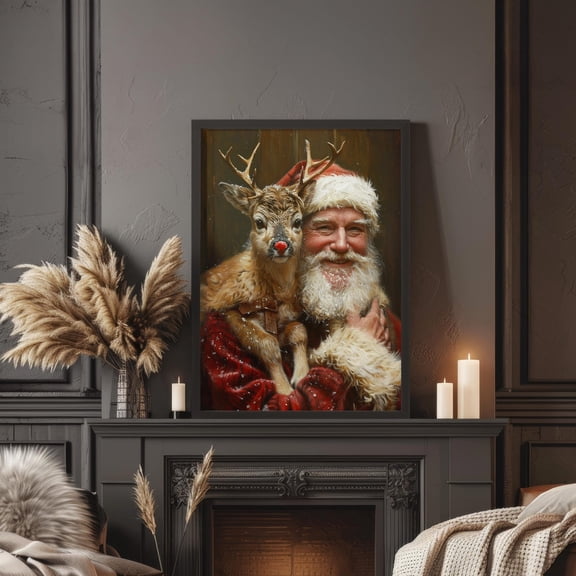 Christmas Printable Wall Art, Santa and Rudolph Vintage Holiday Art, Cozy Santa Claus Artwork, Rustic Farmhouse Christmas Decor, 12x18 UNFRAMED