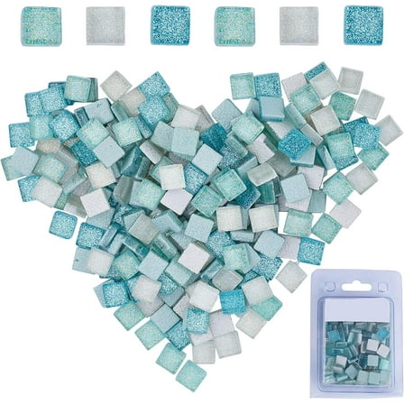 220 Pieces Mosaic Tiles Glass Glitter Mosaic Square Shape Stained Glass Pieces for DIY Crafts Kitchen Shower (Sky Blue Mix 10 X 10mm) for making