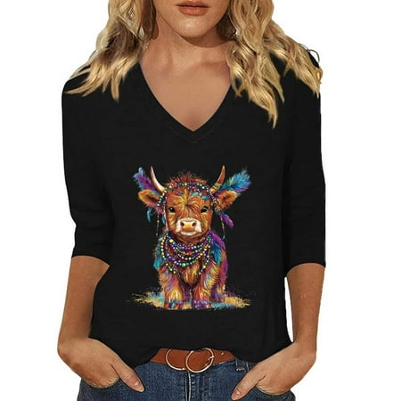 FYEGRE Women s Carnival Top Women s V-Neck Carnival Print Casual T-Shirt Three Quarter Sleeve Top For Everyday Stylish Comfort Black S