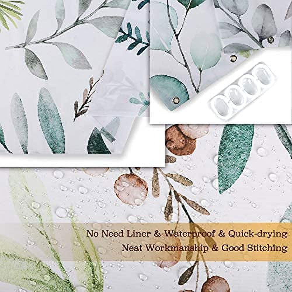 Green Eucalyptus Shower Curtain, Leaves Shower Curtain, Botanical Nature Plant Shower Curtain, Spring Sage Green Leaves Shower Curtain Set with 12 Hooks, 72Wx84H