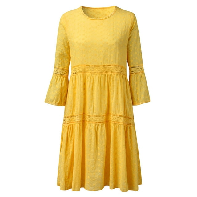 Robe d'Été pour Femmes 2024 Mode Grande Taille Décontractée Col Rond Manches 3/4 Dentelle Patchwork Mini Robe 50 % de Réduction Liquidation!