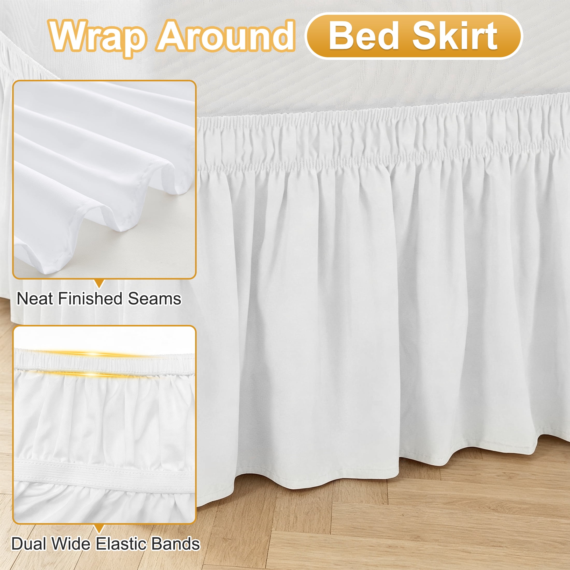 Queen Size Wrap Around Bed Skirt, 15 Inch Drop Elastic Ruffled Bed Skirt, No Lift Mattress Easy‑Fit Dust Ruffle, White Wrinkle Resistant Soft Fabric Bed Skirt
